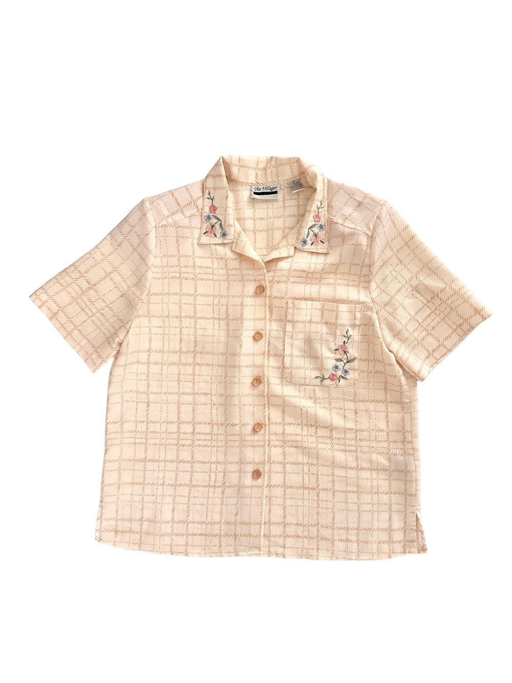 Vintage Embroidered Plaid Blouse Cream Size Small Coastal Grandma Cottagecore